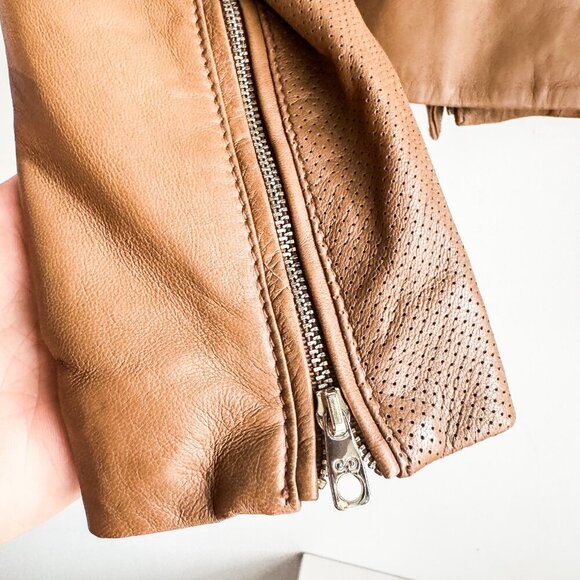 Cole Haan Camel Brown Beige Zipper Closure Lambskin Moto Jacket S - Picture 7 of 9